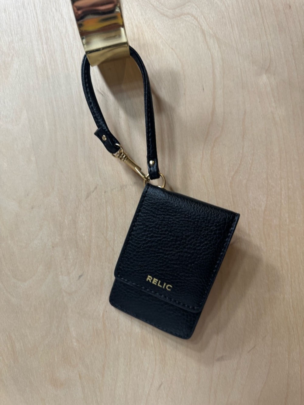 Relic Black Leather Wristlet Key & Card Holder with Gold Hardware